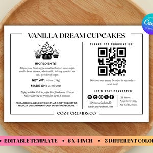 Plantilla de etiqueta para panadería artesanal, etiqueta con código QR editable para ingredientes, empaque para bolsas de galletas.