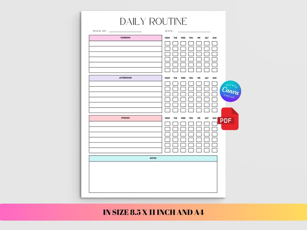 Daily Routine Planner Editable, Morning Afternoon Evening Schedule ...