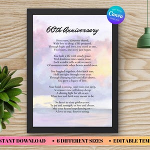 May include: A printable 60th anniversary card with a watercolor background and a poem about love and commitment. The poem reads "Sixty years, a journey shared, With love so deep, a life prepared. Through highs and lows, you stood as one, Two hearts, one story just begun."