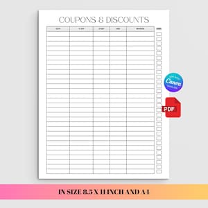Op de afbeelding: Een afdrukbaar blad voor het bijhouden van kortingsbonnen met kolommen voor datum, kortingspercentage, start, einde, omzet en een kolom met selectievakjes. Inclusief Canva- en PDF-pictogrammen, beschikbaar in de formaten 8,5 x 11 inch en A4.
