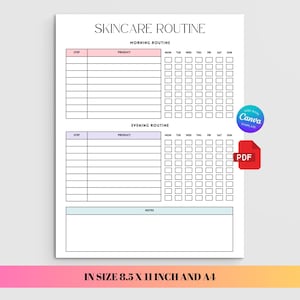 Könnte beinhalten: Ein weißer Hautpflege-Routinenplaner mit dem Text "SKINCARE ROUTINE" oben. Der Planer enthält Abschnitte für Morgen- und Abendroutinen mit Bereichen zum Auflisten von Produkten und zur Verfolgung der Verwendung. Der Boden des Planers trägt den Text "IN SIZE 8.5 X 11 INCH AND A4".