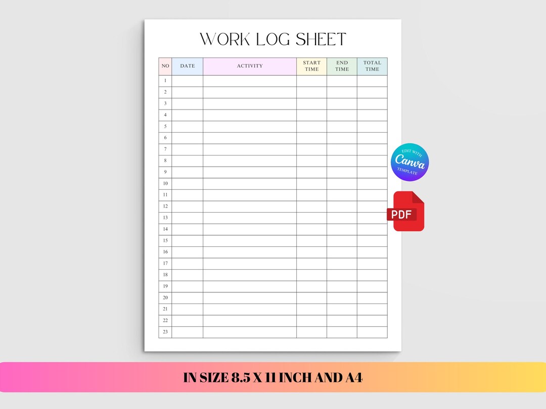 Work Log Time Shift Work Office Printable Working Hours Activity Record ...