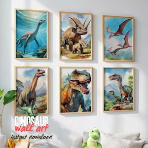 Set di sei poster di dinosauri / Stampe da parete per bambini / Decorazioni da parete con brontosauro, triceratopo e T-rex / Decorazioni per la sala giochi dei bambini con dinosauri