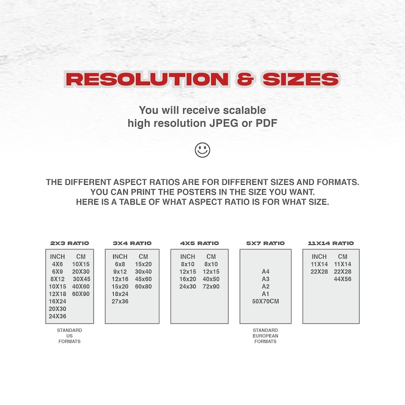 May include: A chart showing different aspect ratios for printing posters. The chart includes inch and centimetre measurements for each ratio, as well as standard US and European paper sizes.
