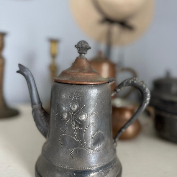 Vintage Copper Pewter Silver Coffee Tea Pot