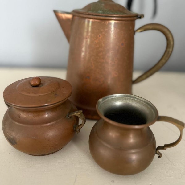 Vintage Copper Portugal Coffee Tea Pot Creamer Sugar Set