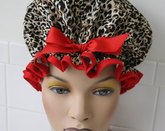 Shower Cap Women's Washable Waterproof "Animal Instinct with Red" Retro Revival