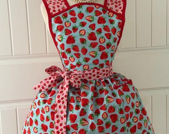 Strawberries on Blue Retro Apron Women's Sized 4-16
