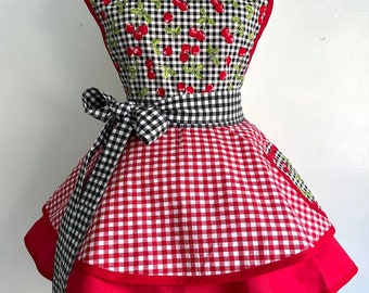 Cherry Bomb Gingham Cherry Apron Women's Double Circle Skirt Retro Apron
