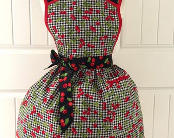 Cherries on Black Gingham Retro Apron Women's Sized 4-16