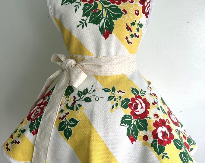 Wild Roses with Yellow Vintage 1950s Tablecloth Circle Apron Women's Retro Apron