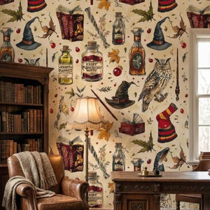 May include: Wallpaper featuring a repeating pattern of wizarding items including open books, potion bottles, pointed hats, wands, owls, and striped socks on a cream background. The design includes autumn leaves and red berries scattered throughout the scene.