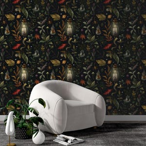 Dark Botanical Lantern Wallpaper | Enchanted Forest Wallpaper |  Magical Nature Forest Wall Decor |  Dark Cottagecore Peel and Stick Mural