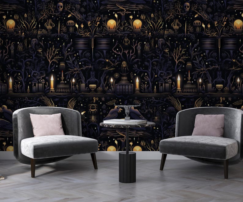 Gothic Raven Library Peel and Stick Wallpaper: Dark Academia Mural - Etsy