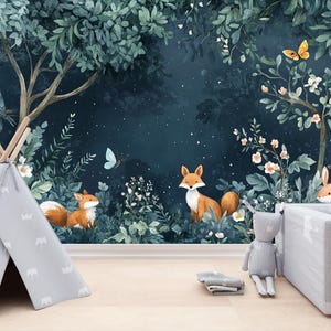 Enchanted Forest Nursery Wallpaper | Woodland Animals Mural | Peel and Stick Kids Room Wallpaper | Fox & Bunny Wall Decor