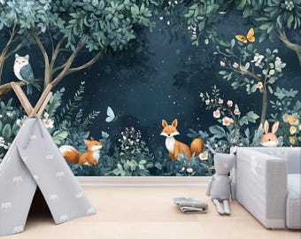 Enchanted Forest Nursery Wallpaper: Woodland Animals Mural (Peel and Stick)