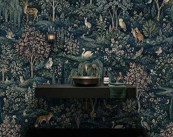 Papel pintado Bosque Encantado, mural de animales del bosque, bosque natural vintage, ciervo, zorro, conejo, búho, autoadhesivo.