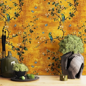 Carta da parati di lusso Chinoiserie / Carta da parati murale con uccelli dorati e fiori / Carta da parati orientale vintage / Design con pappagallo e farfalla