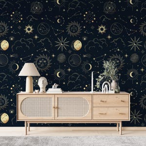 Carta da parati astrale, design luna e sole / Carta da parati astrologica / Carta da parati con cielo stellato, luna e sole, carta da parati celeste staccabile e adesiva