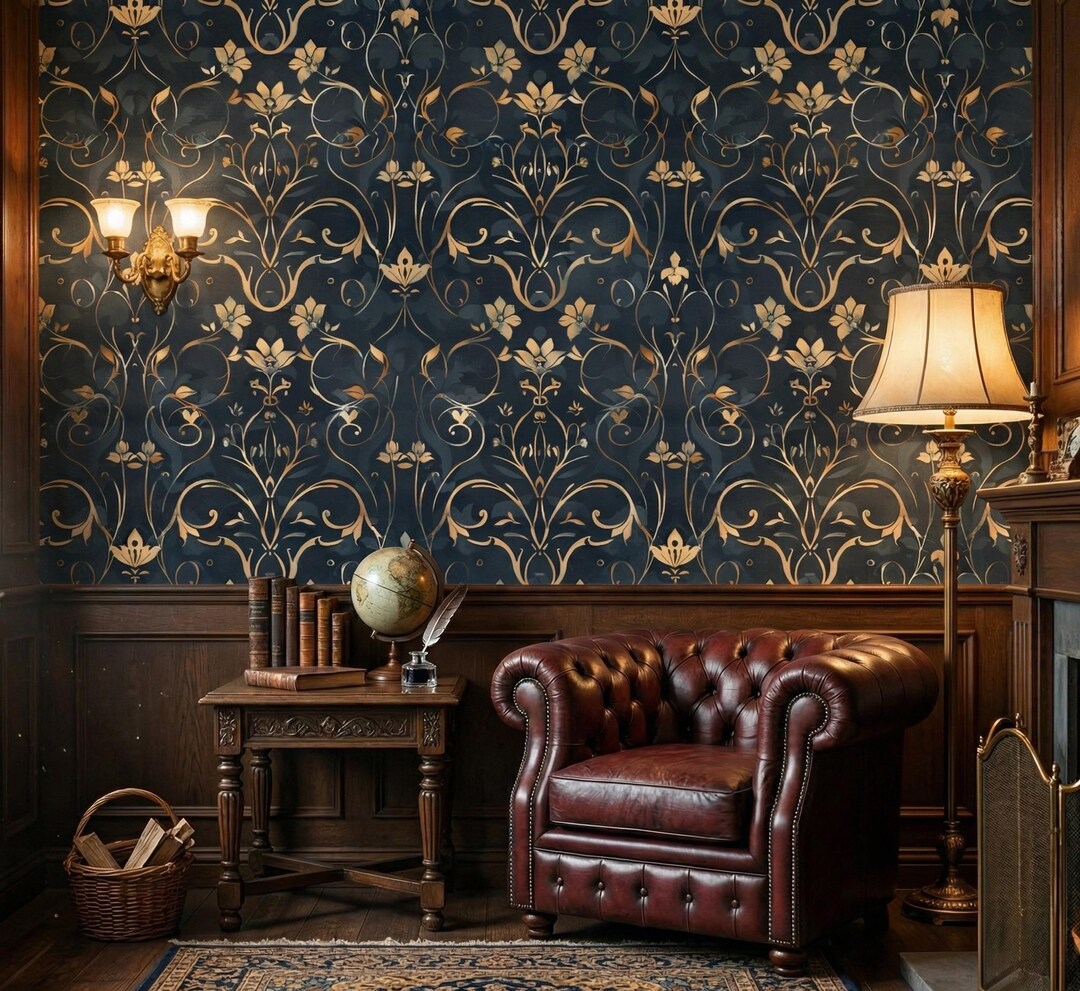 Gold Damask Wallpaper Peel and Stick, Dark Blue Floral Wall Mural ...