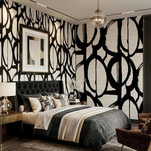 Svartvit abstrakt penseldragstapet, självhäftande, modern geometrisk neutral väggdekor, avtagbar minimalistisk väggmålning