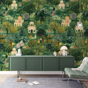 Lush Greenery and Palace Scene Wallpaper | Botanical Wallpaper for Dreamy Interiors | Floral and Majestic Palaces | Peel and Stick Wallpaper