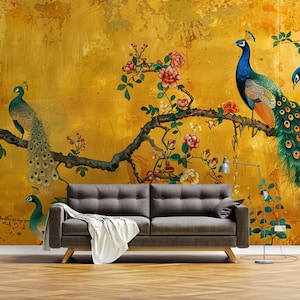 Luxus Pfau Chinoiserie Tapete | Goldenes Orientalisches Wandbild | Elegante Blumenvogel-Wand-Dekor | Asiatisch inspirierte Tapete