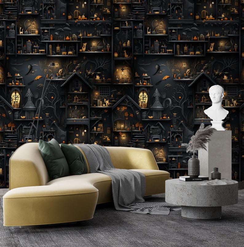 Haunted House Halloween Wallpaper - Spooky Gothic Dollhouse Mural - Etsy