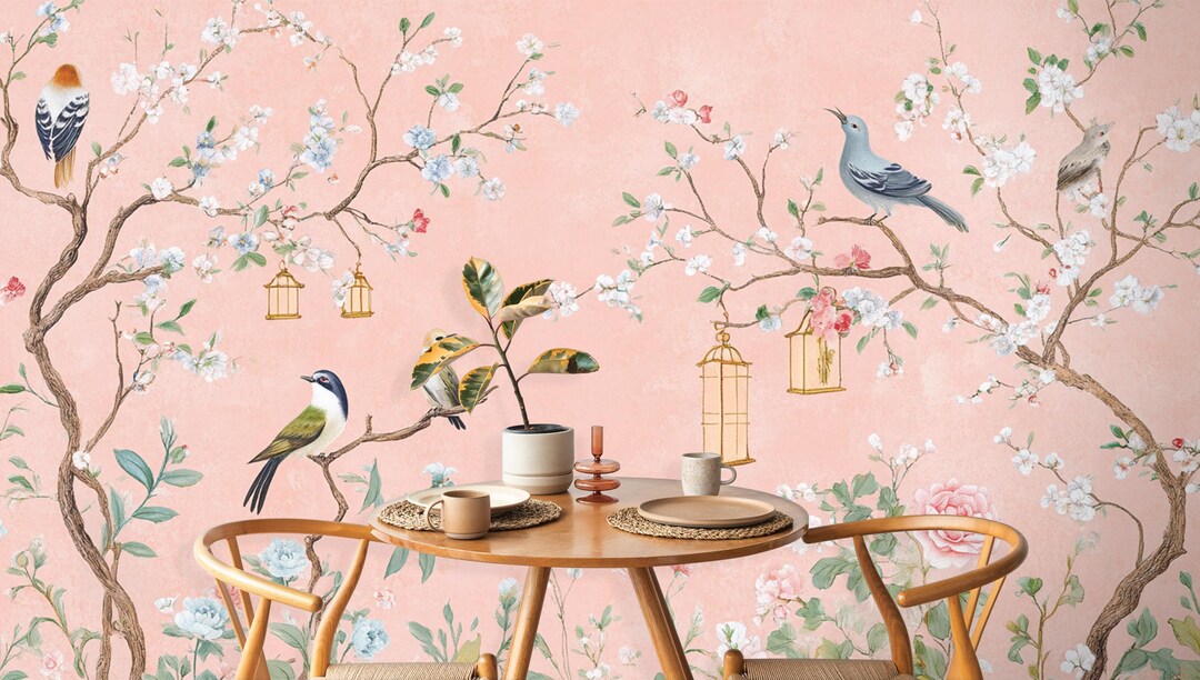 Pink Chinoiserie Bird Wallpaper Mural: Elegant Floral Wall Art - Etsy