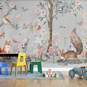 Kids Wallpaper | Nursery Peel and Stick Wall Decor | Forest Animal Wall Art | Forest Friends Wallpaper | Textile Vinyl Wallpaper |