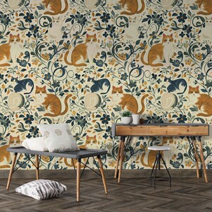 Vintage Cat and Flowers Wallpaper, Removable Peel and Stick, Wall Art, Wall Decor, Cat Wallpaper, Home Decor, Boho Wallpaper, Self Adhesive