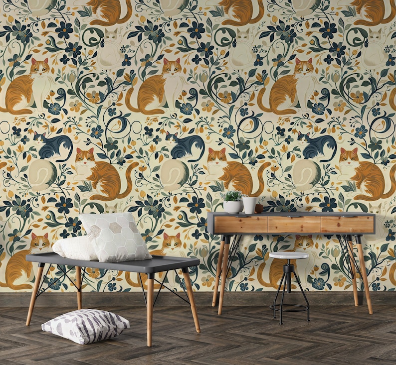 Vintage Cat and Flowers Wallpaper, Removable Peel and Stick, Wall Art, Wall Decor, Cat Wallpaper, Home Decor, Boho Wallpaper, Self Adhesive