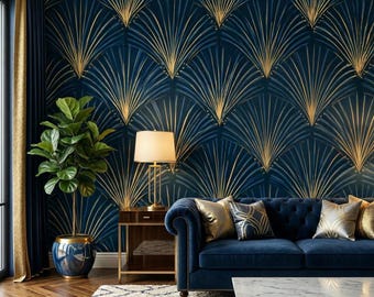 Ginkgo Leaf Art Deco Wallpaper Mural, Navy Blue Gold Fan Pattern, Peel and Stick or Non Woven, Luxury Botanical Wall Decor for Home