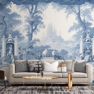 Elegant Blue Toile Wallpaper | Luxe Home Decor Accent | Blue & White Elegance Wallpaper | French Chinoiserie Blue Wallpaper | Peel and Stick