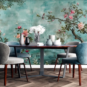 Botanical Chinoiserie Wallpaper | Floral Birds Wall Mural | Vintage Removable Wall Decor | Bird and Blossom Wall Mural | Peel and Stick |