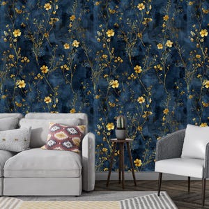 Carta da parati floreale blu navy e oro/ Elegante carta da parati vintage staccabile e attaccabile / Carta da parati floreale scura / Decorazione murale rimovibile botanica in oro /
