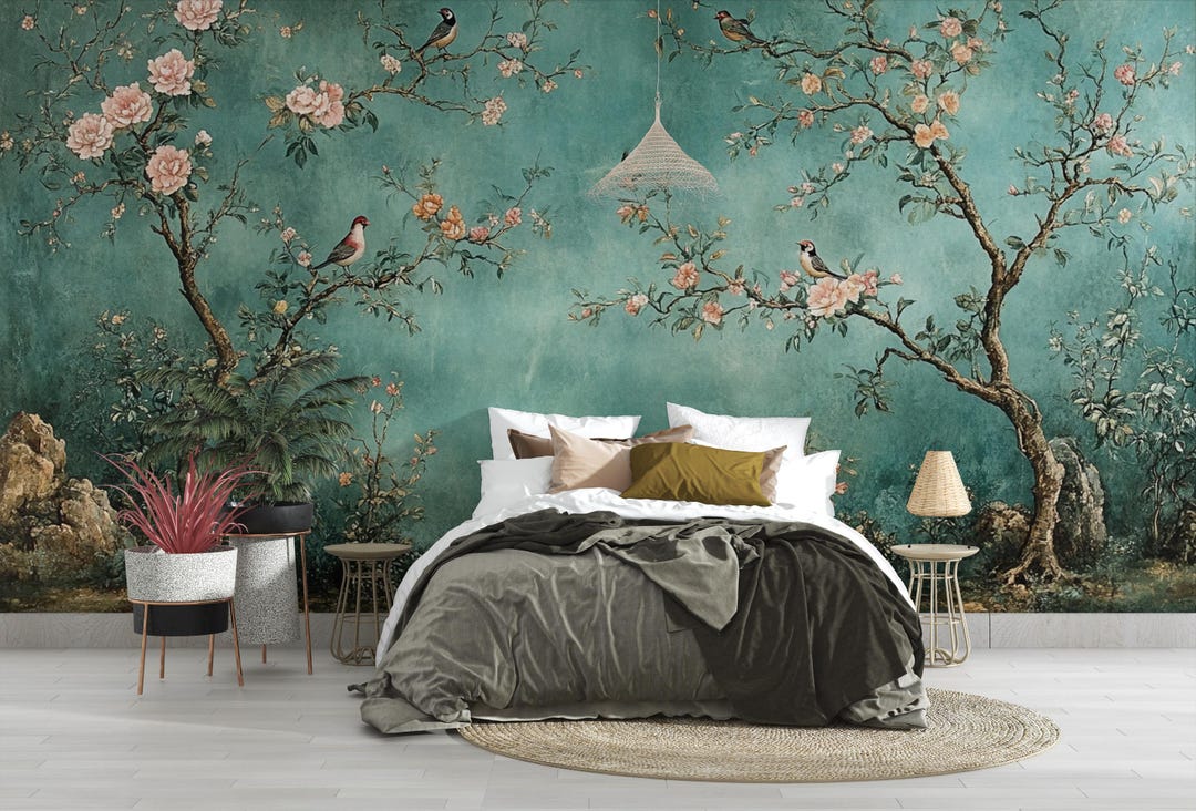 Cherry Blossom Wallpaper Chinoiserie Birds and Flowers, Green ...