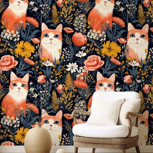 Vintage Cat Floral Wallpaper | Dark Botanical Peel and Stick Wallpaper I Cute Retro Cat Wall Mural I Removable Pet Wallpaper