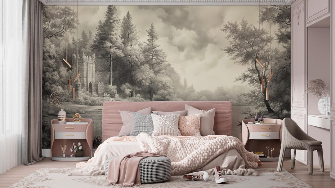 Vintage Forest Castle Wallpaper Mural – Romantic Woodland Scene - Etsy