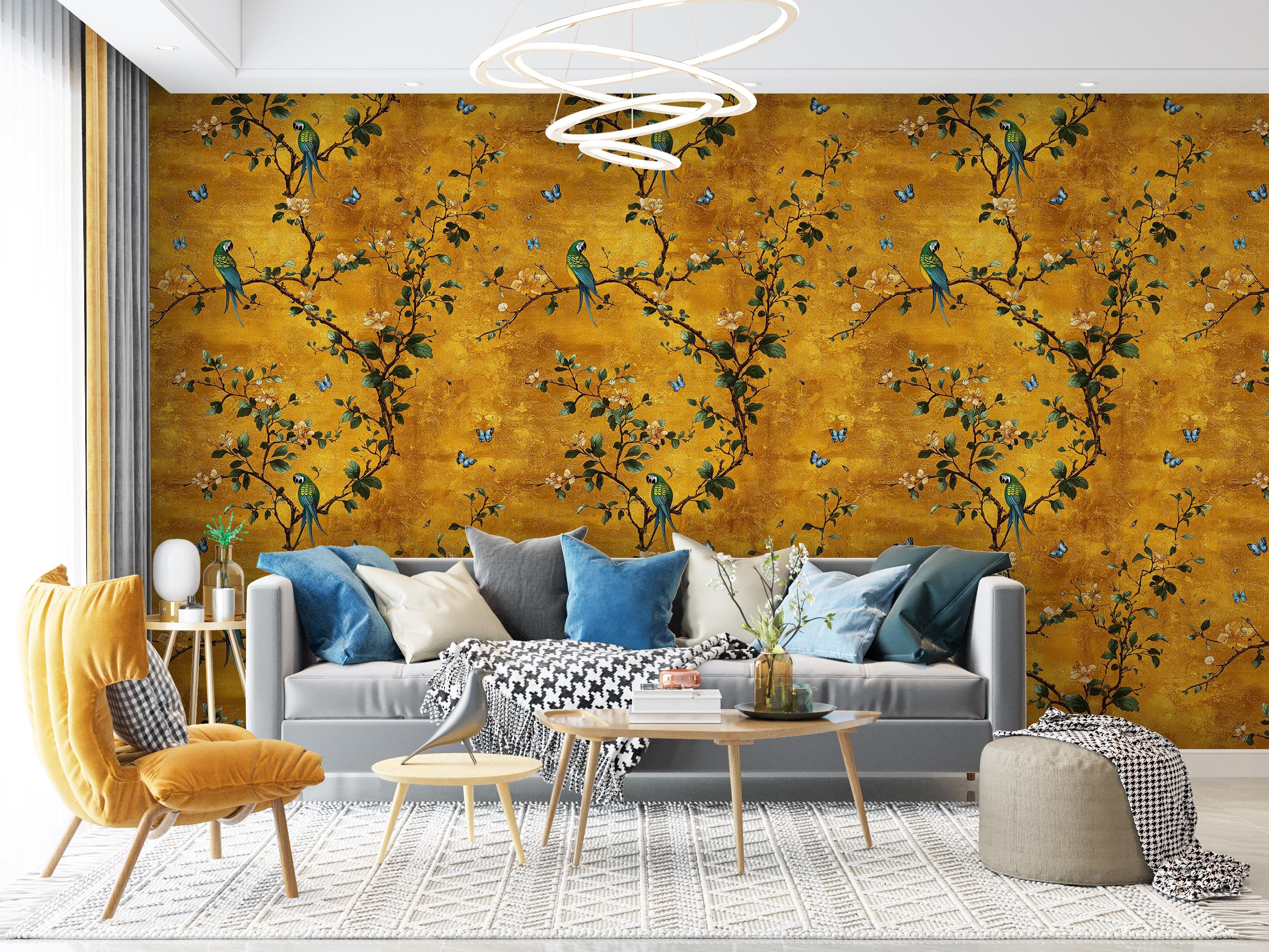 Golden Botanical Bird Wallpaper, Vintage Floral Pattern With Birds ...