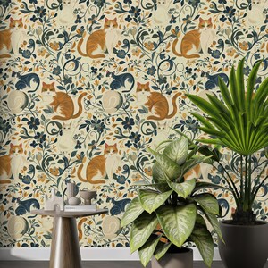 Vintage Cat and Flowers Wallpaper, Removable Peel and Stick, Wall Art, Wall Decor, Cat Wallpaper, Home Decor, Boho Wallpaper, Self Adhesive