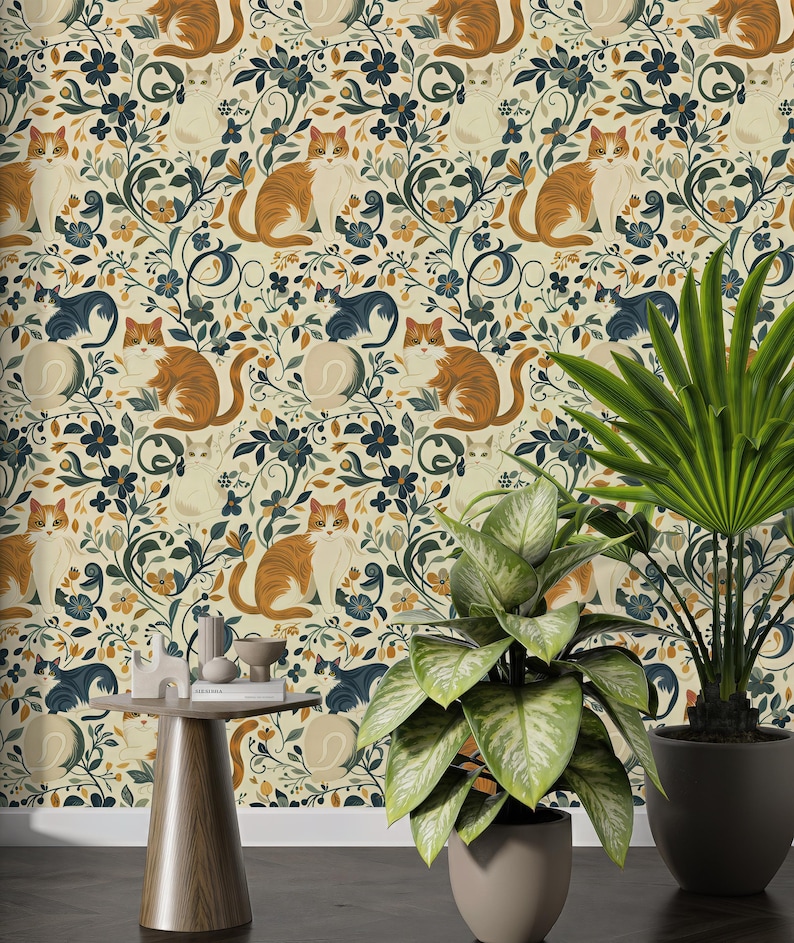 Vintage Cat and Flowers Wallpaper, Removable Peel and Stick, Wall Art, Wall Decor, Cat Wallpaper, Home Decor, Boho Wallpaper, Self Adhesive