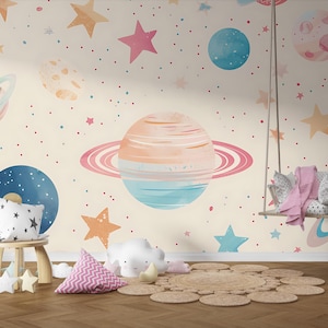Carta da parati Whimsical Space / Murale Pastello Pianeti e Stelle / Decorazione per la Stanza dei Bambini con Spazio Esterno / Carta da parati Dreamy Space / Carta da parati Magica Space