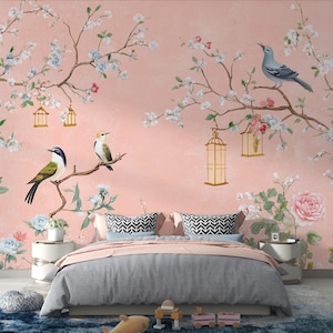 Carta da parati Chinoiserie di lusso/Carta da parati Chinoiserie elegante/Carta da parati Chinoiserie vintage con uccelli e fioriI Eleganza floreale senza tempo