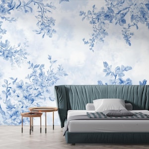 Blue Floral Toile Wallpaper: Vintage Chinoiserie Wall Mural