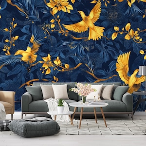 Carta da parati di lusso con uccelli blu navy e oro / Elegante murale floreale cineserie / Decorazione murale senza tempo per interni sofisticati