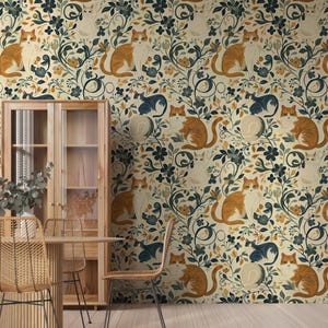 Vintage Cat and Flowers Wallpaper, Removable Peel and Stick, Wall Art, Wall Decor, Cat Wallpaper, Home Decor, Boho Wallpaper, Self Adhesive