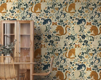 Papel de parede vintage com gatos e flores, removível e autoadesivo, arte de parede, decoração de parede, papel de parede com gatos, decoração para casa, papel de parede boho, autoadesivo