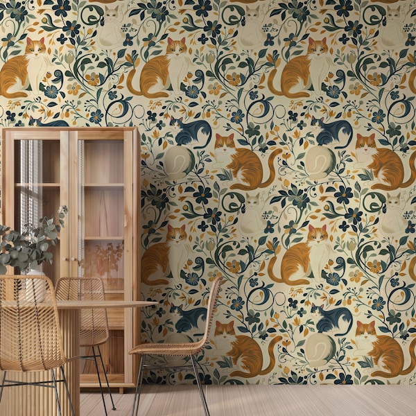 Papel pintado vintage de gatos y flores, autoadhesivo, despegable y pegable, decoración de pared, papel pintado de gatos, decoración del hogar, papel pintado bohemio.