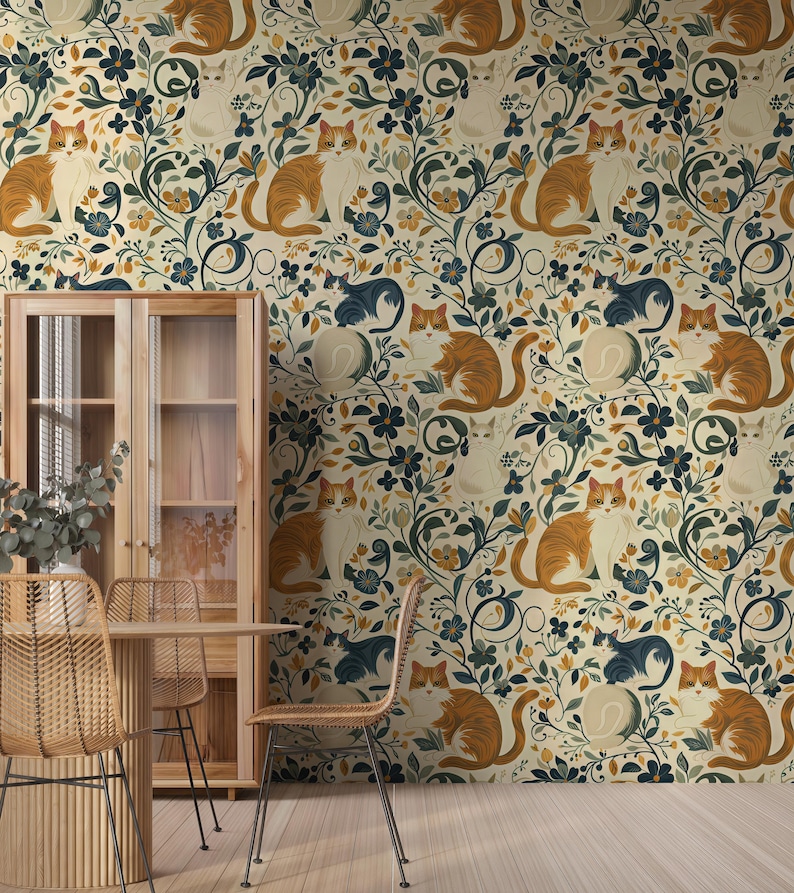 Vintage Cat and Flowers Wallpaper, Removable Peel and Stick, Wall Art, Wall Decor, Cat Wallpaper, Home Decor, Boho Wallpaper, Self Adhesive